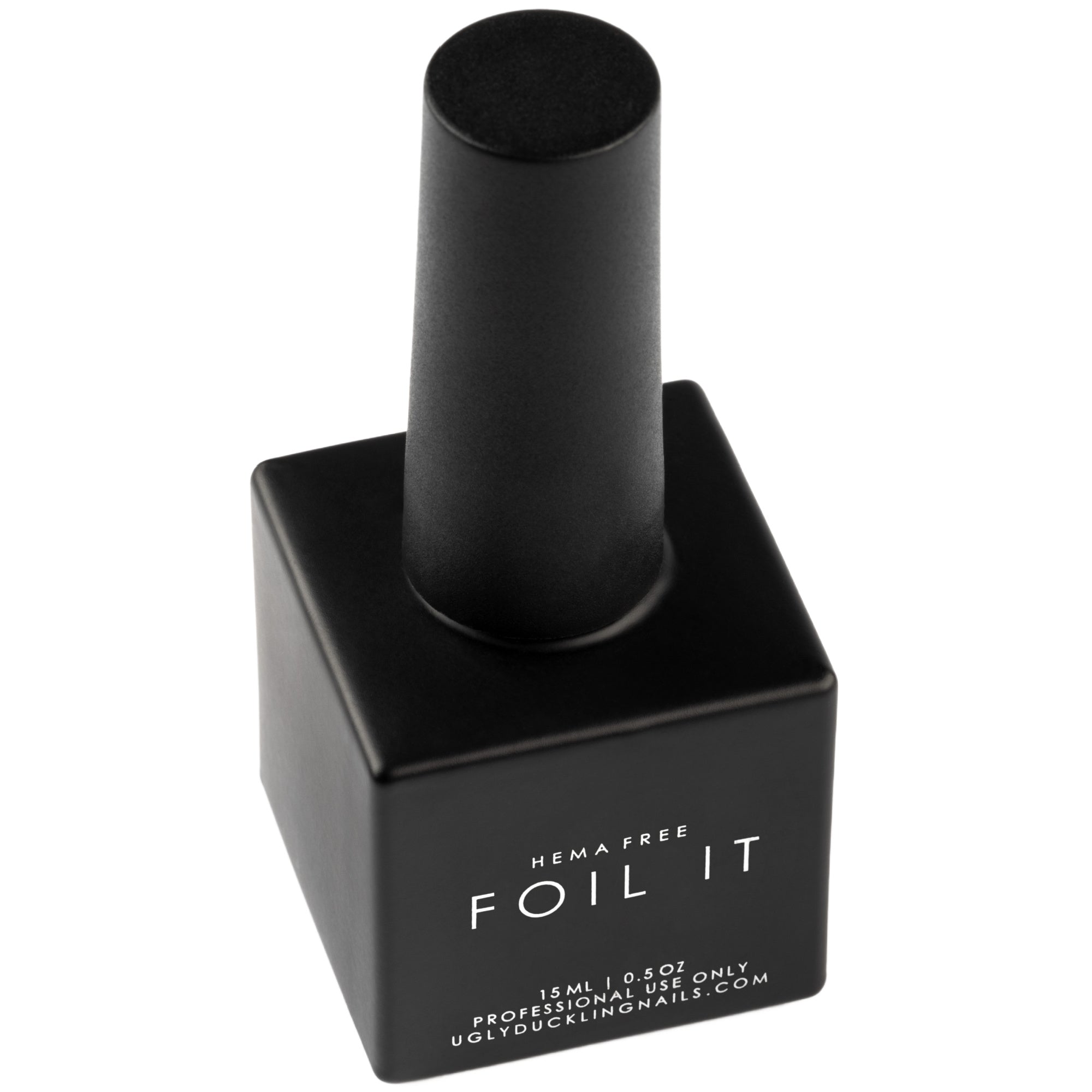 Black nail polish bottle with 'HEMA FREE FOIL IT' text on a white background