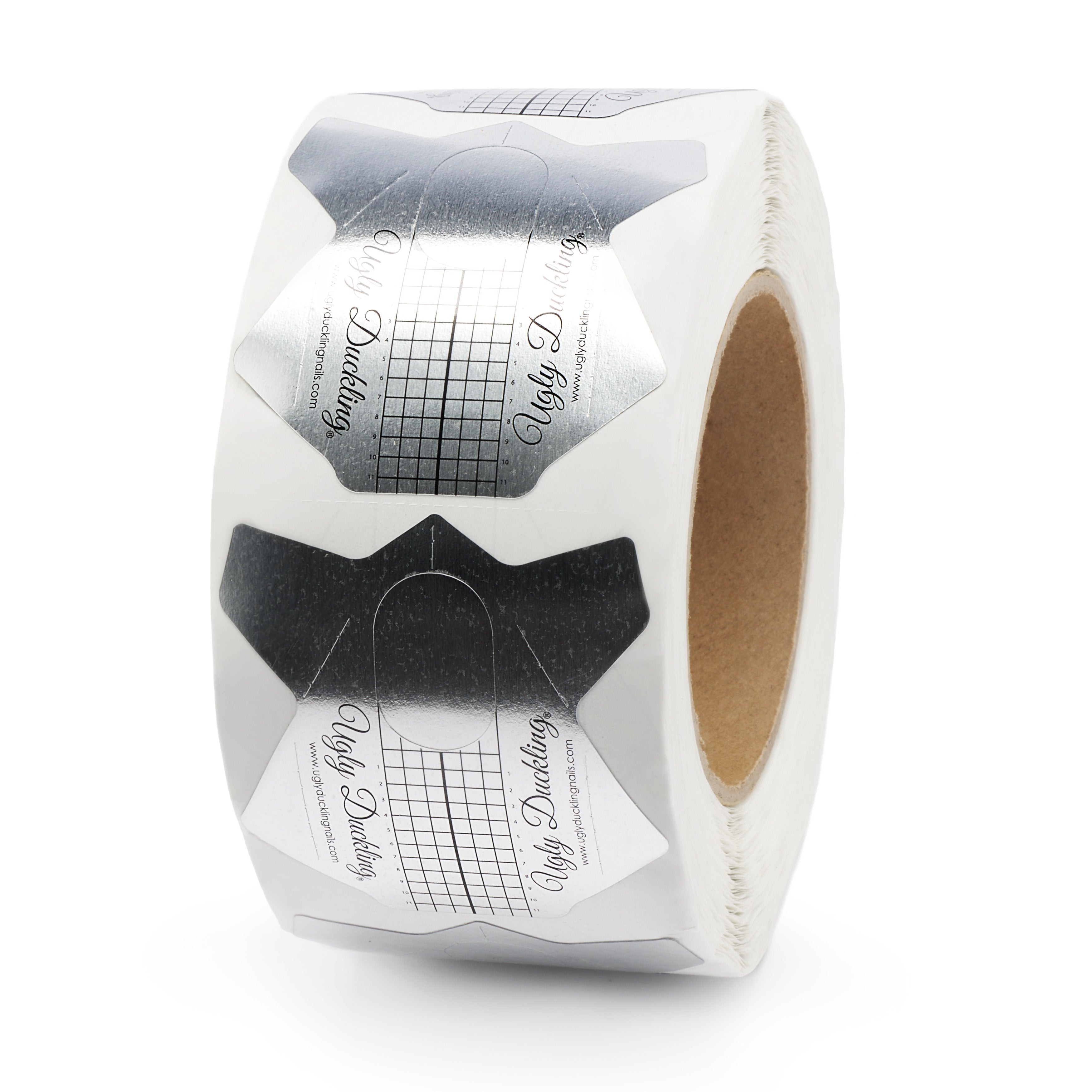 Roll of nail forms with a black and white design on a white background