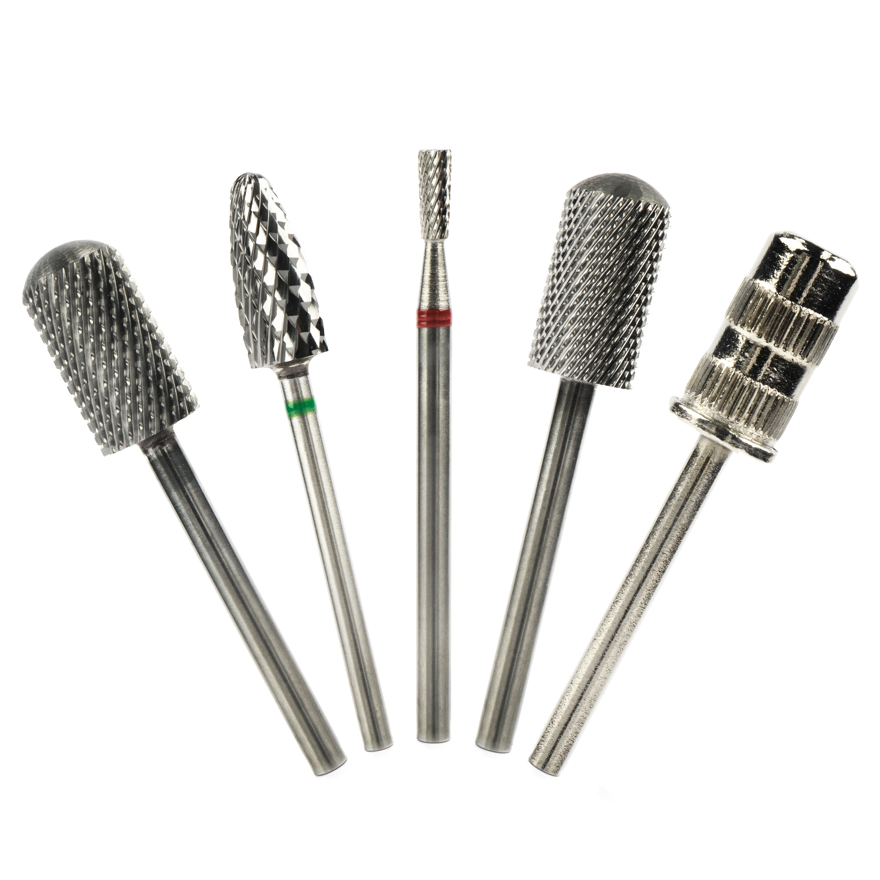 Set of five metal rotary burrs on a white background