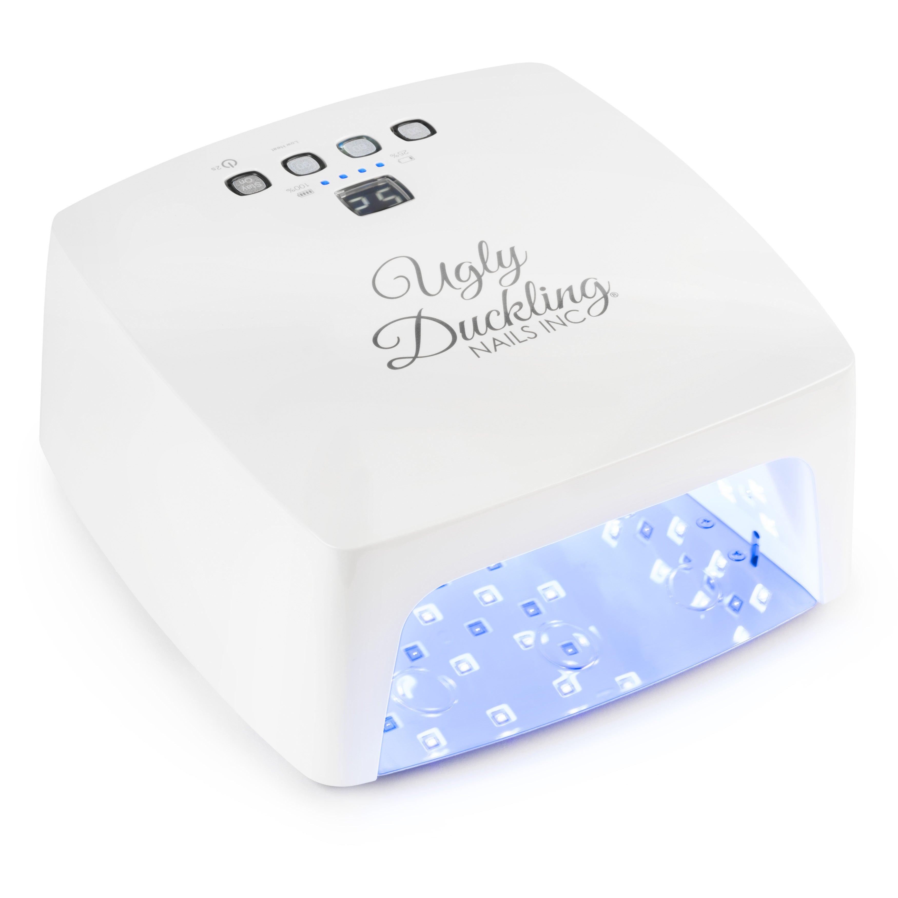 White nail dryer with 'Ugly Duckling Nails Inc.' branding on a white background