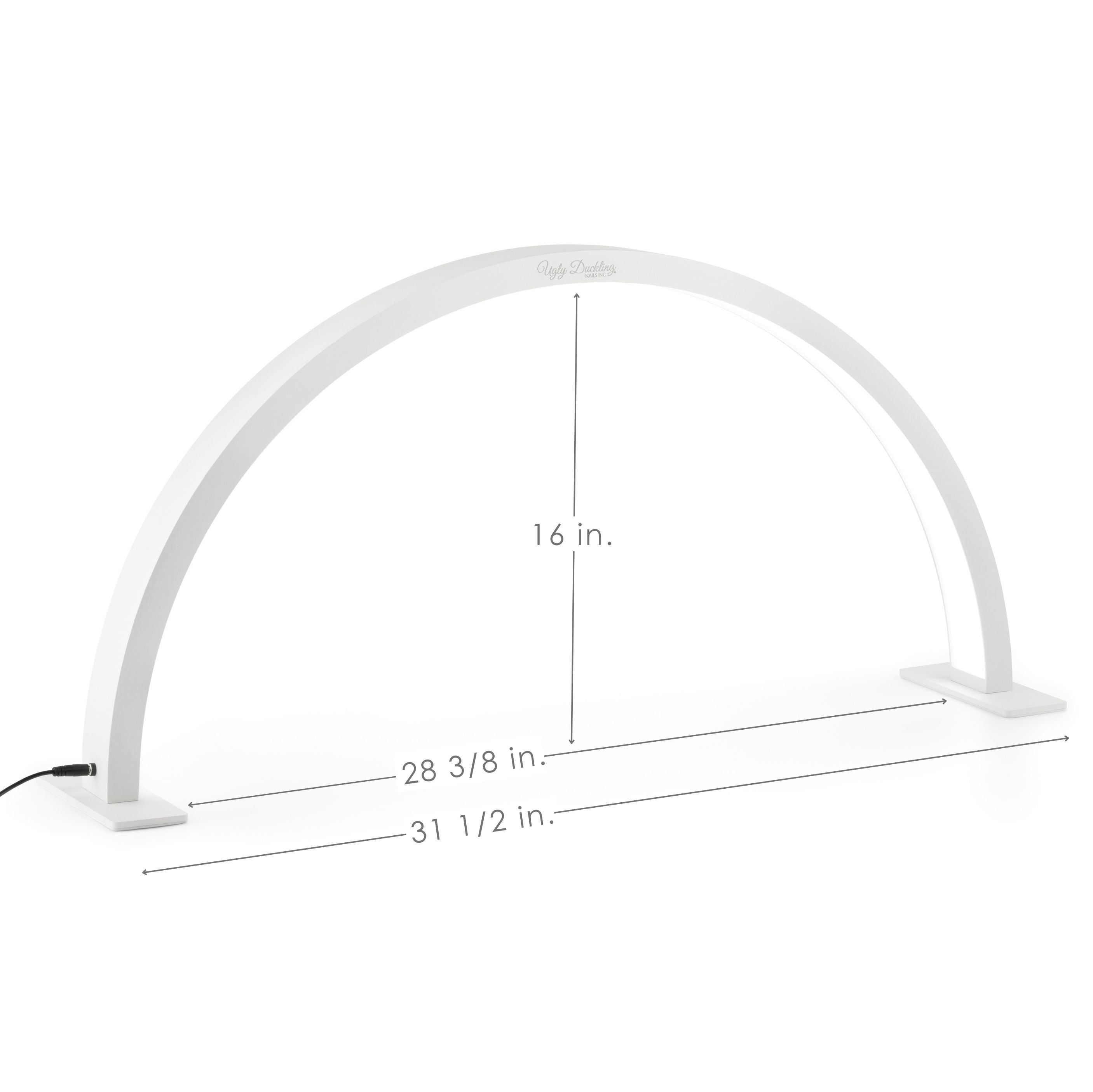 White arch-shaped lamp with measurements on a white background