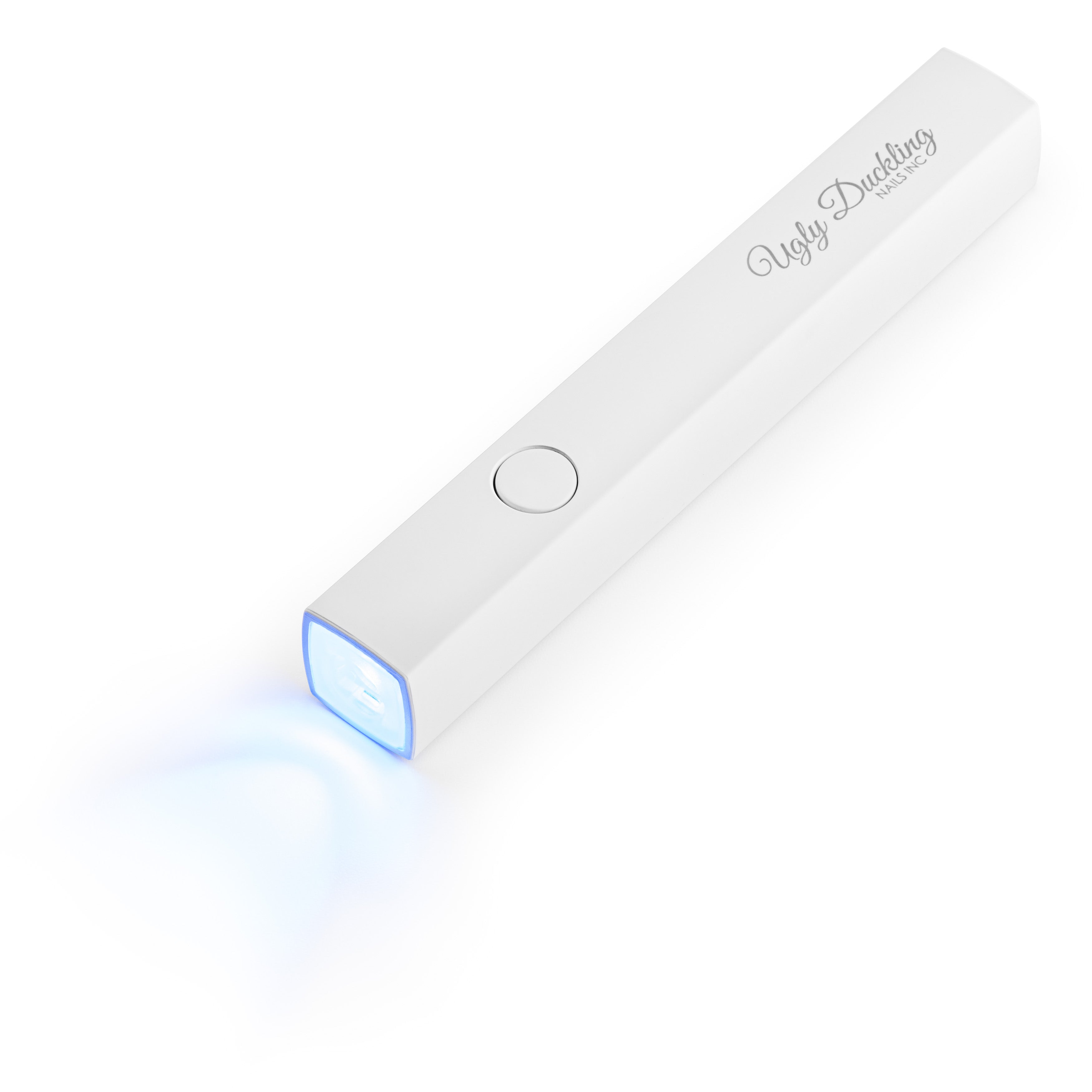 White portable charger with blue light on a white background
