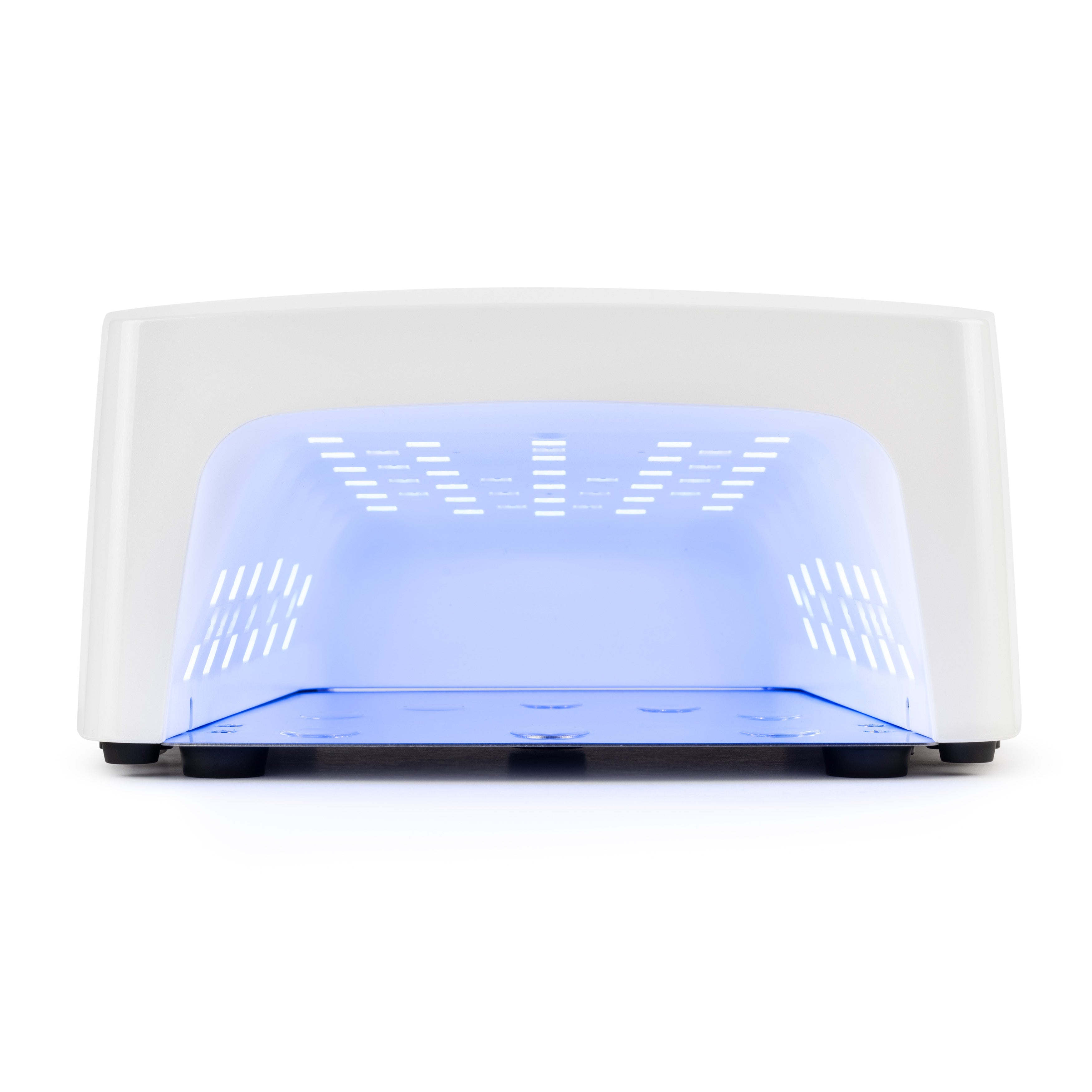White electronic device with blue light on a white background