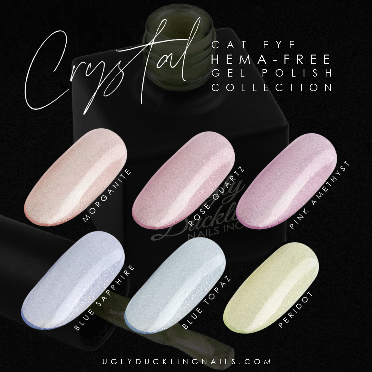 Crystal Cat Eye Hema-Free Gel Polish Collection with nail samples on a black background