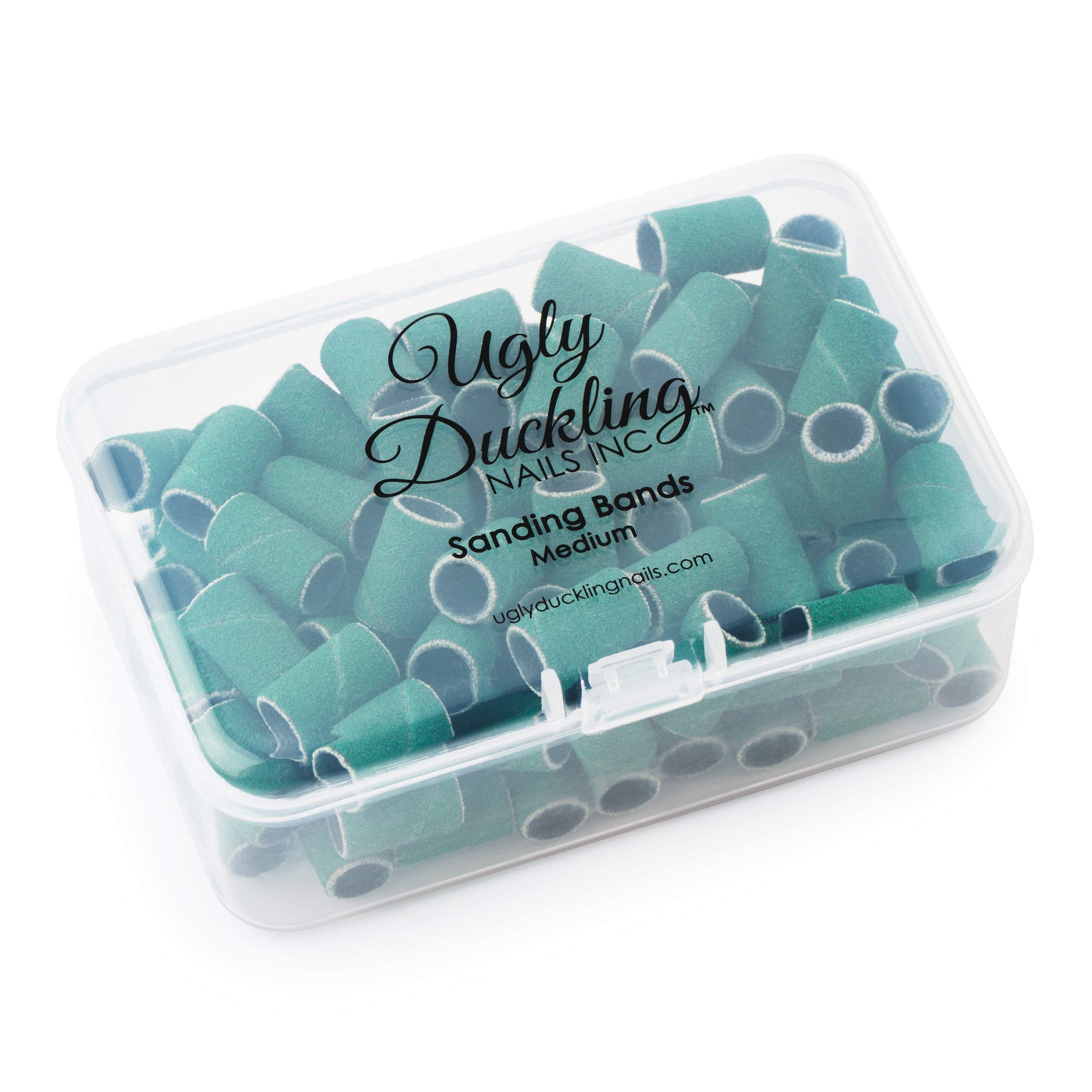 Teal sanding bands in a clear container with 'Ugly Duckling Nails Inc.' branding.