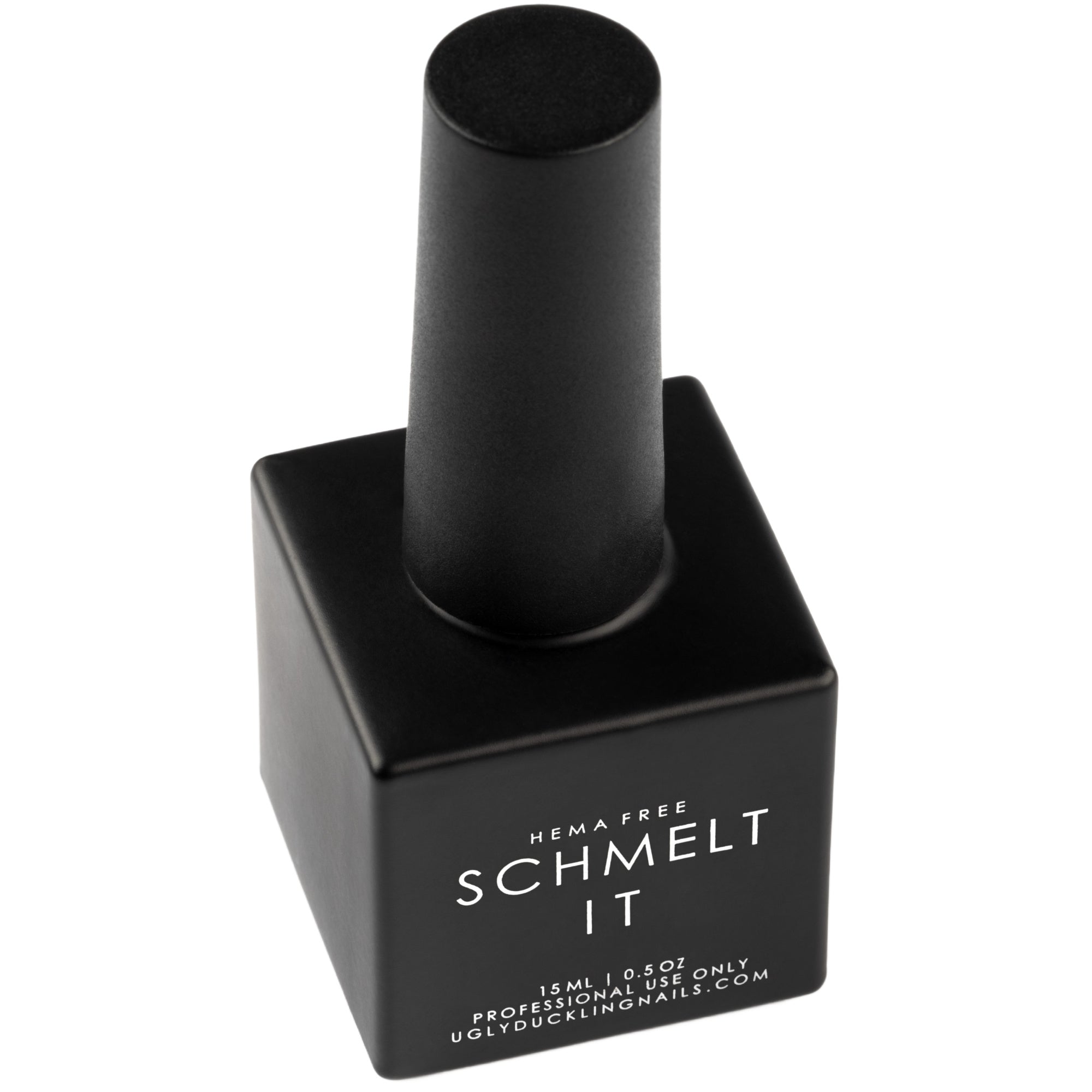 Black nail polish bottle with 'SCHMELT IT' text on a white background