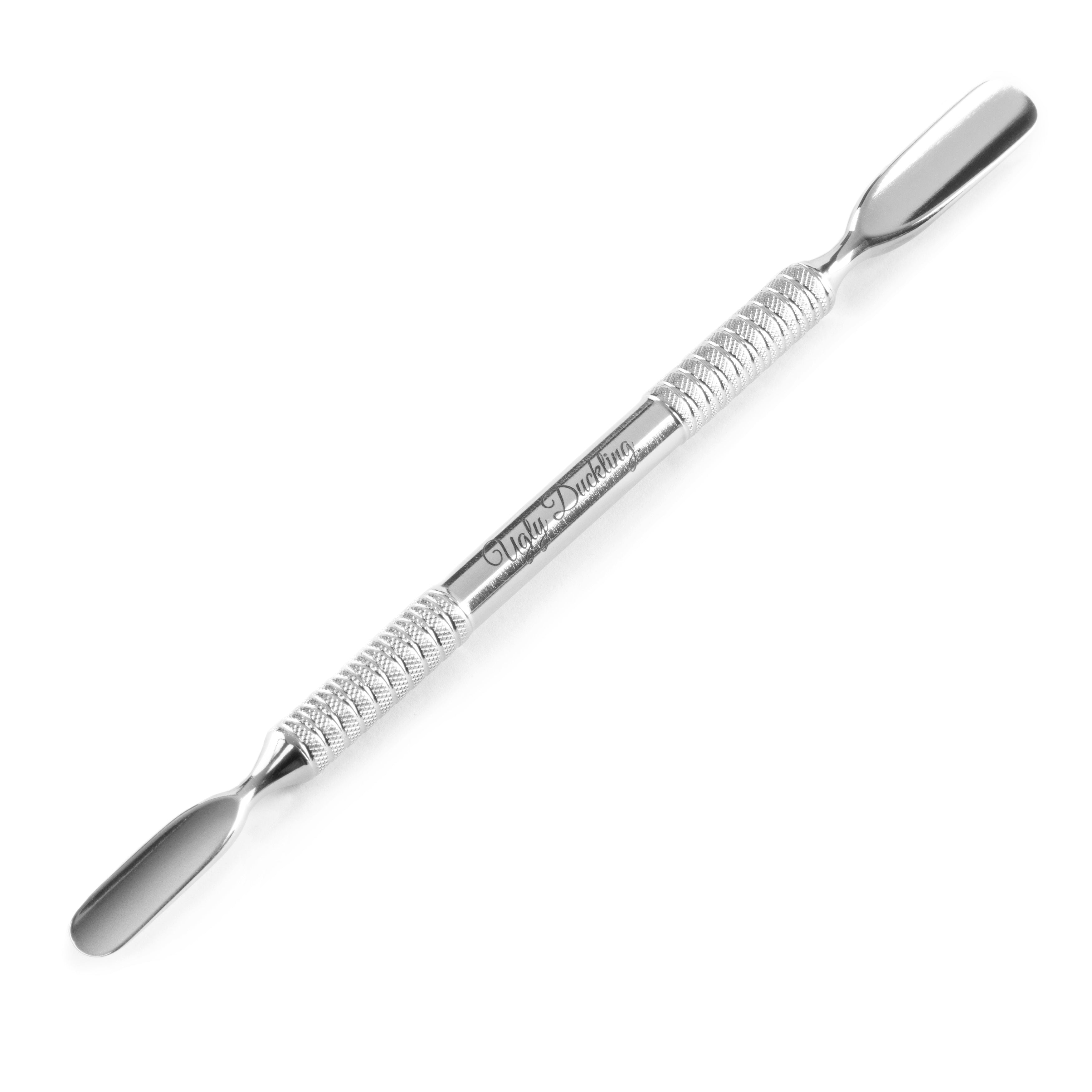 Silver tool with engraved text on a white background