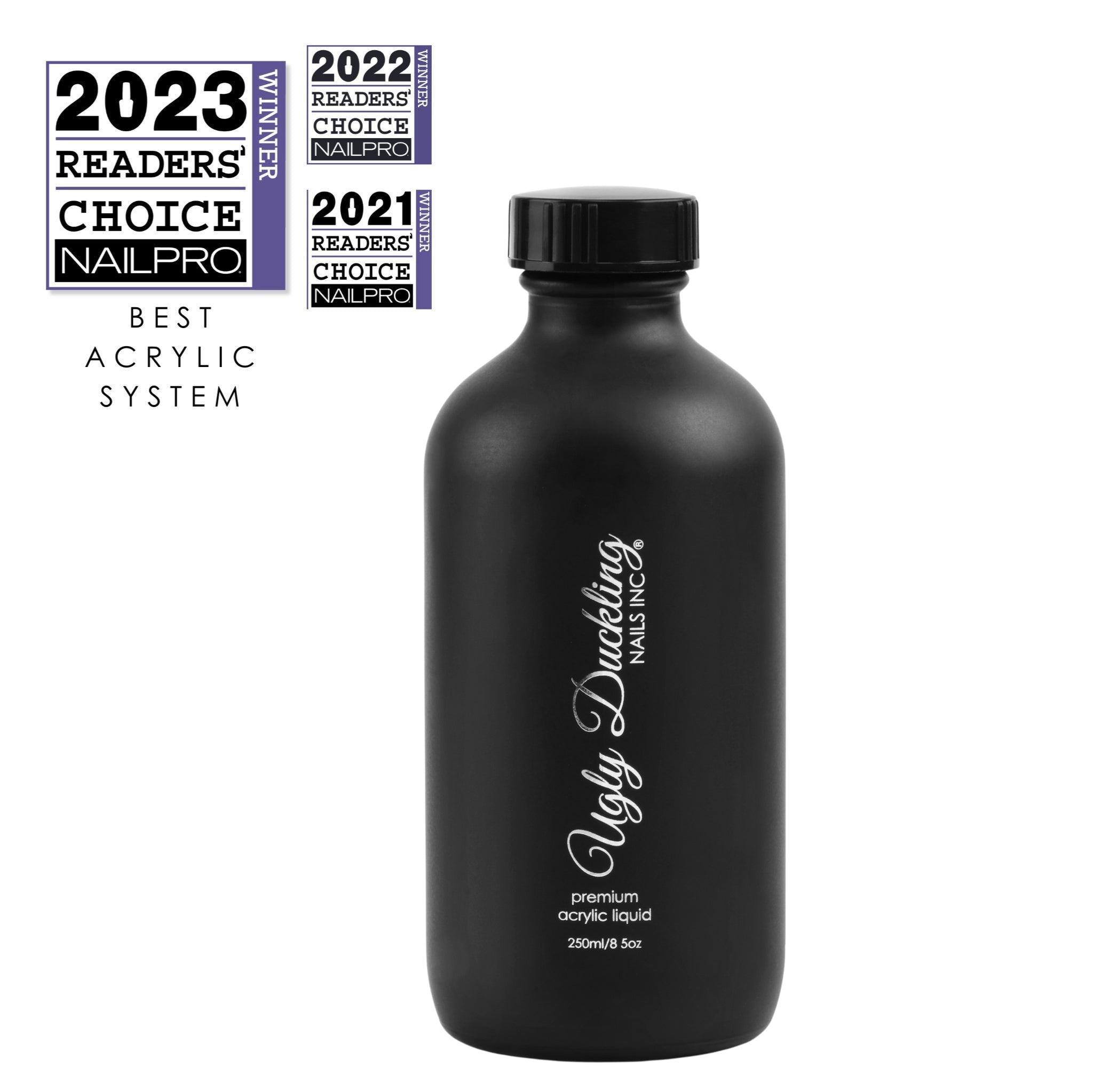 premium acrylic liquid for nail services by ugly duckling in a black bottle