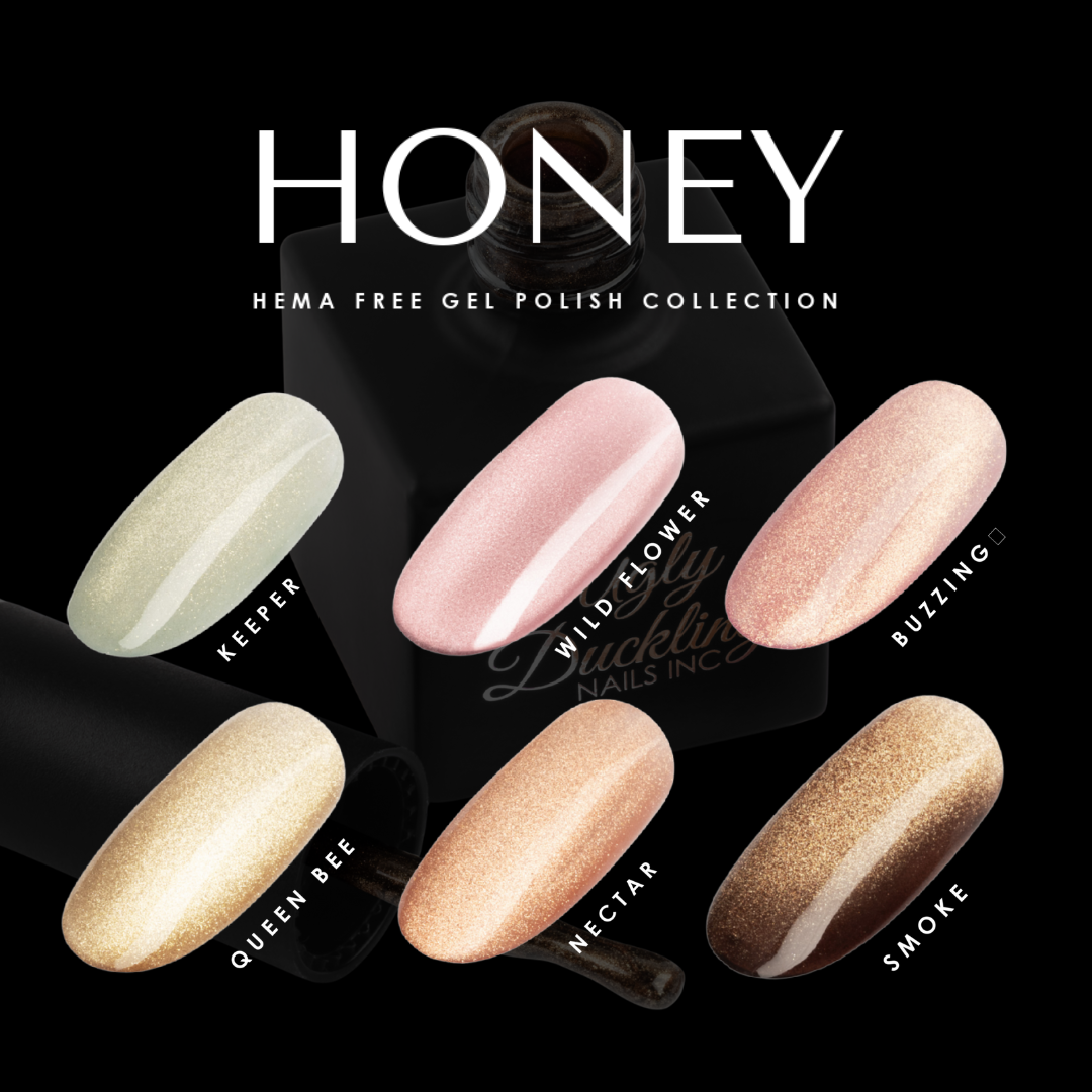 Honey gel polish collection with various shades on a black background