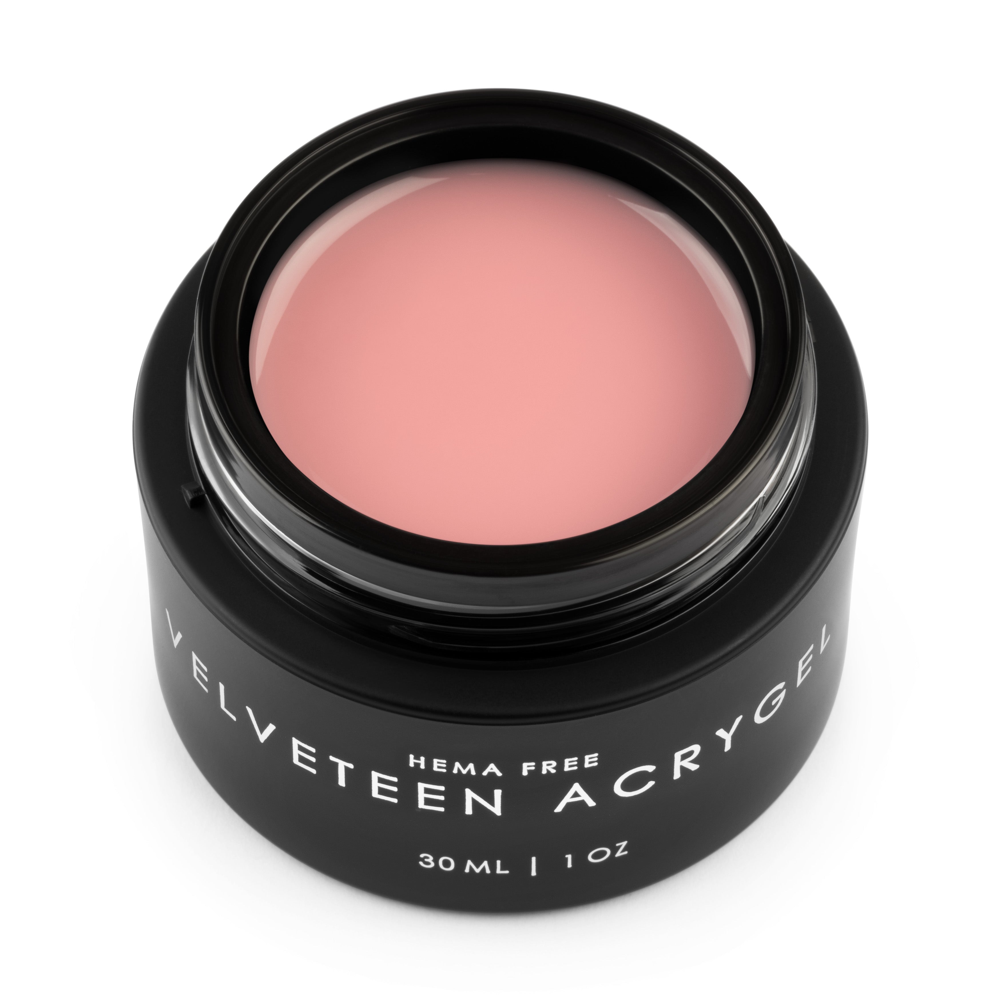Pink gel in a black container labeled 'Velveteen Acrygel' on a white background