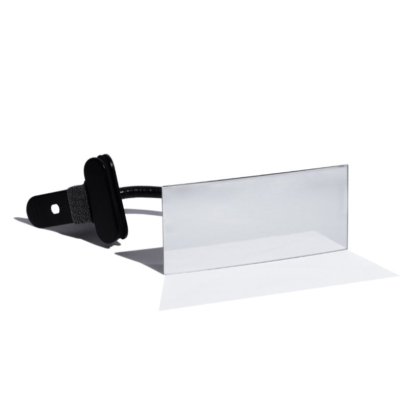 Clear rectangular mirror with black strap on a white background