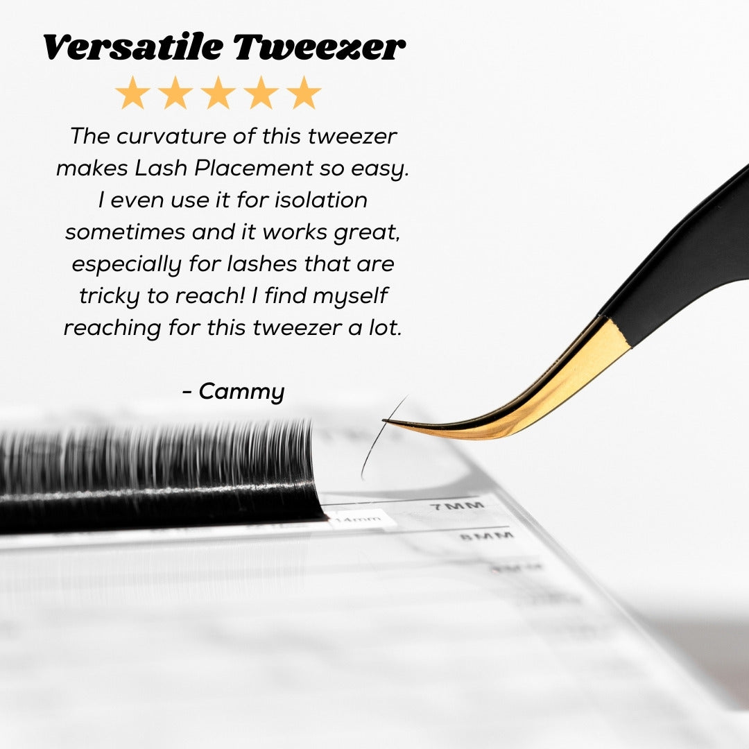 Eyelash extension tweezer with customer review text on a white background