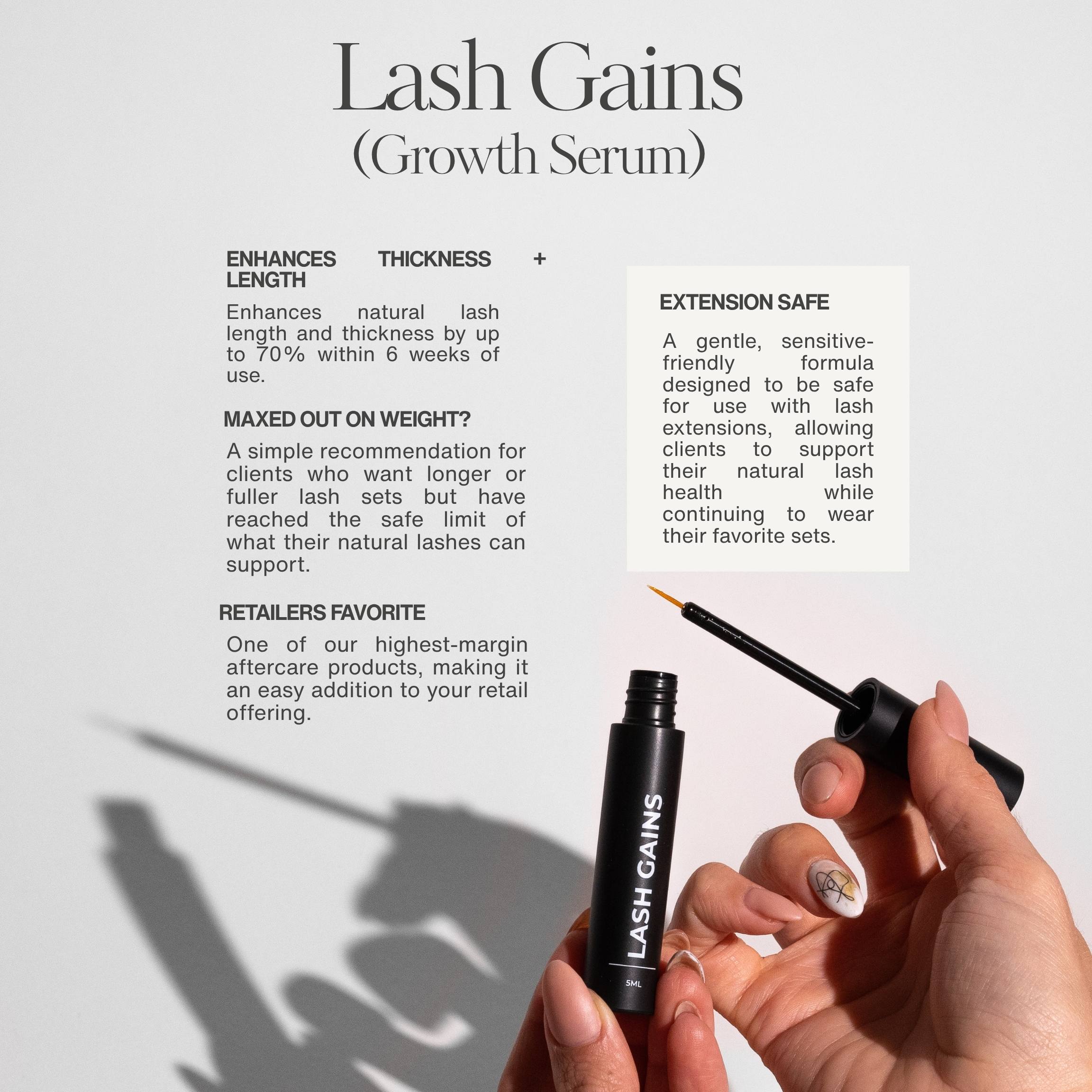 Lash gains growth serum with text on a white background