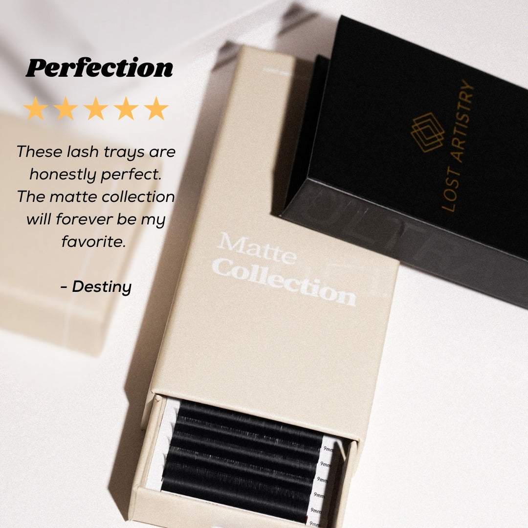 Lash trays in a 'Matte Collection' box with a Lost Artistry branded case on a white background.