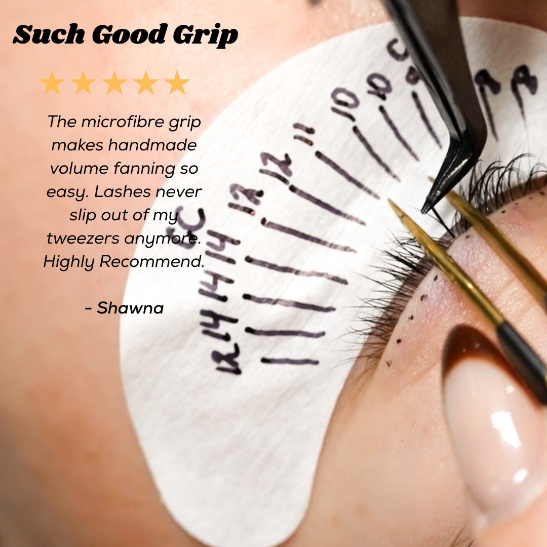 Eyelash extension application with a microfibre grip tool and customer review text.