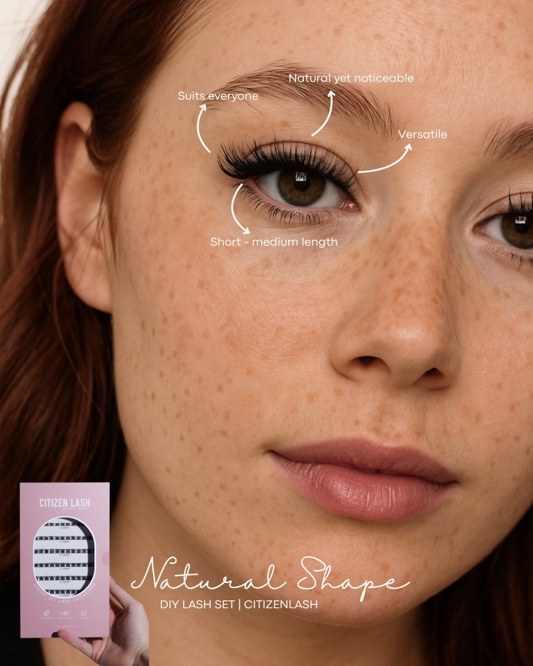 Close-up of a woman's face with text overlay about eyelash product features, featuring Citizenlash brand.