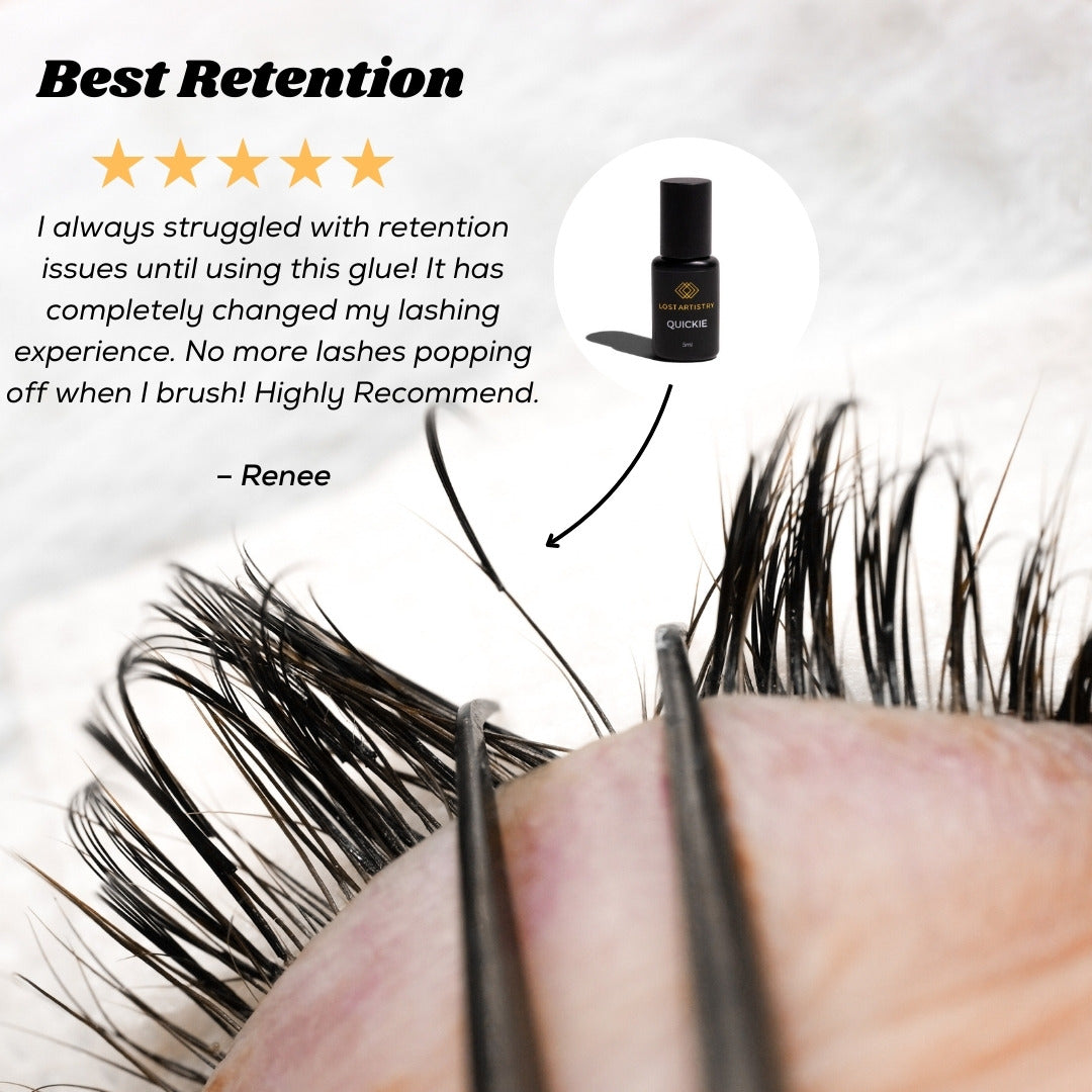 Eyelash extension glue bottle with text about retention issues and a five-star rating, used by a user named Renee.