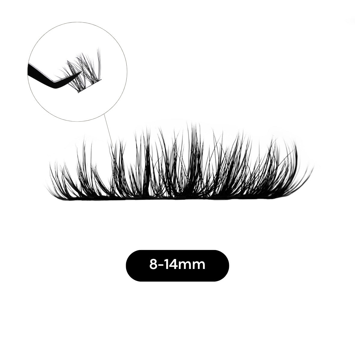Set of false eyelashes with a close-up inset and size label on a white background