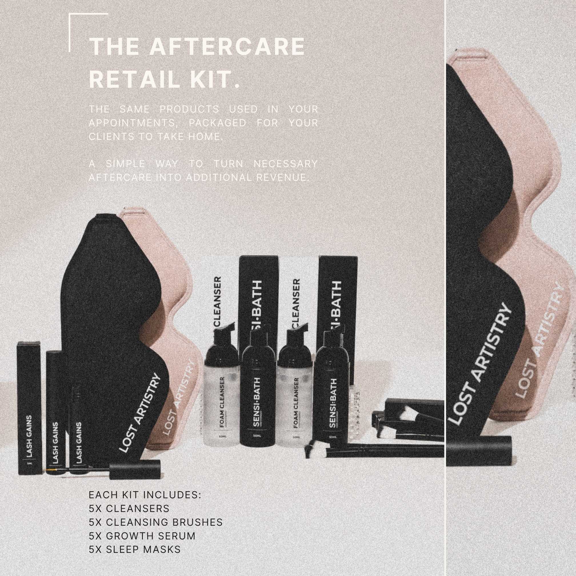 Lost Artistry aftercare retail kit with bottles and packaging on a light gray background.