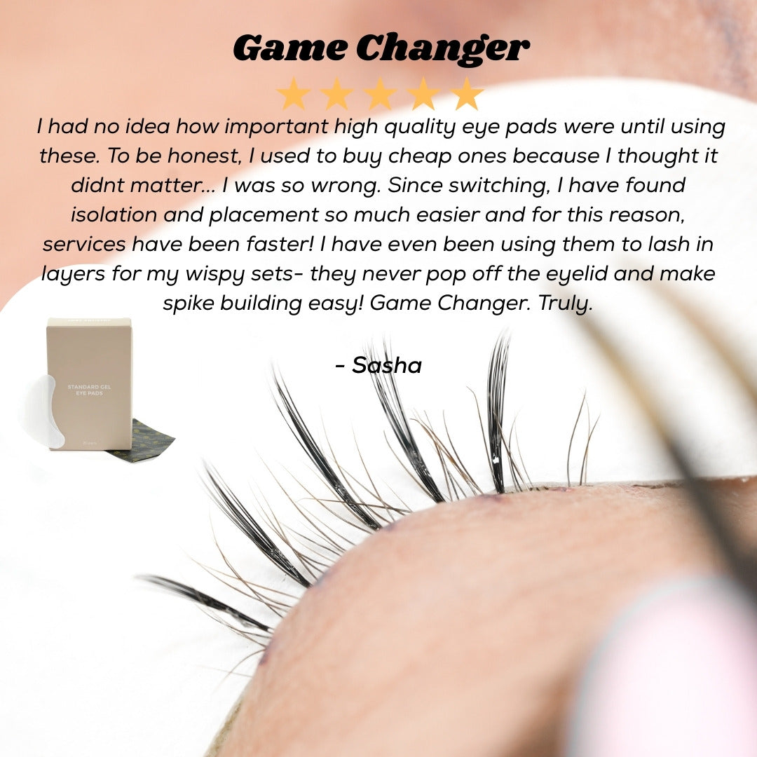 Eyelash extensions with a five-star review and product packaging on a white background