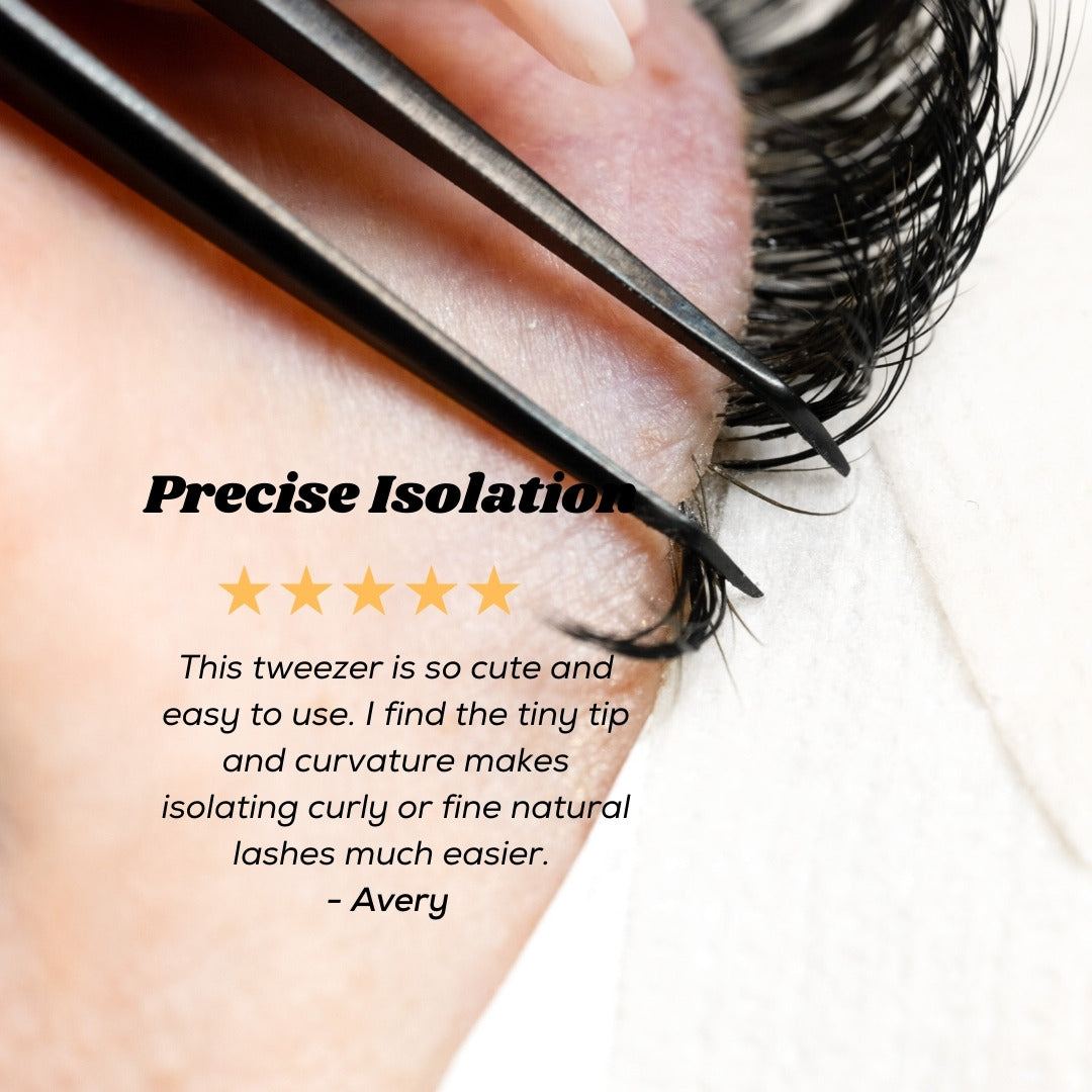 Eyelash extension tweezers with text rating and review on a close-up of eyelashes.