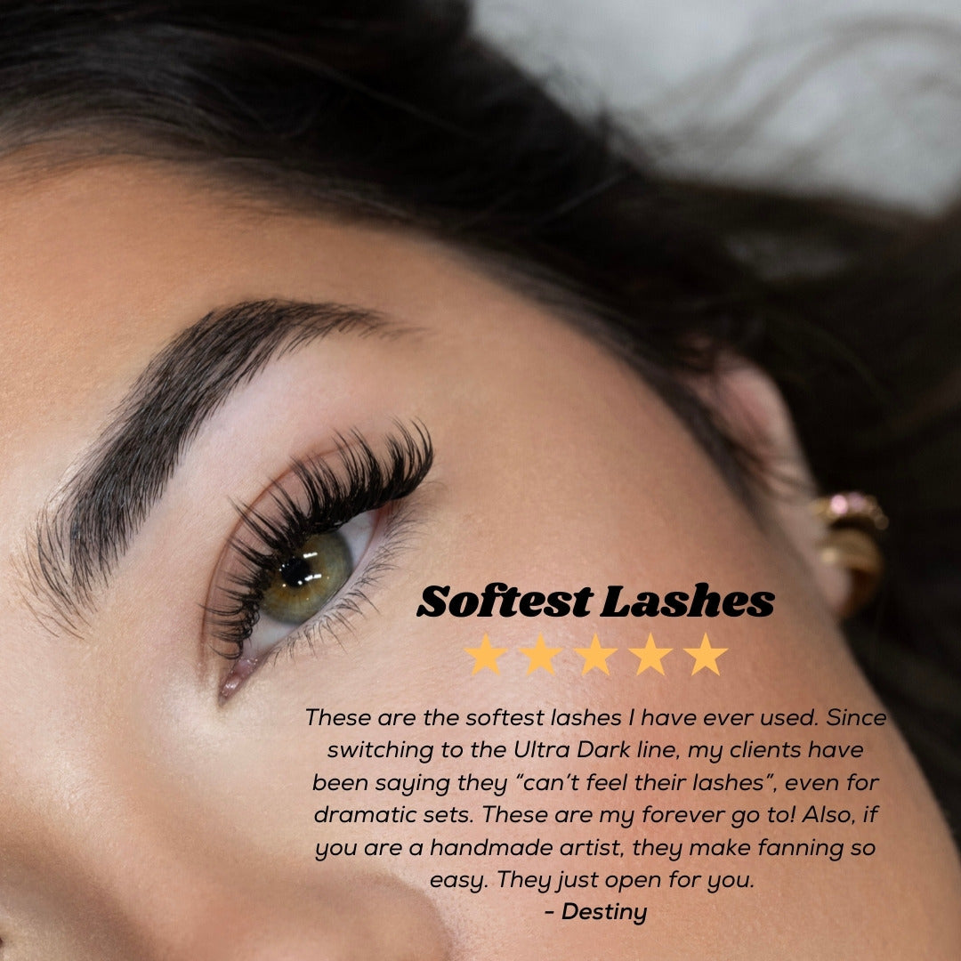 Close-up of an eye with soft lashes and a testimonial text overlay.