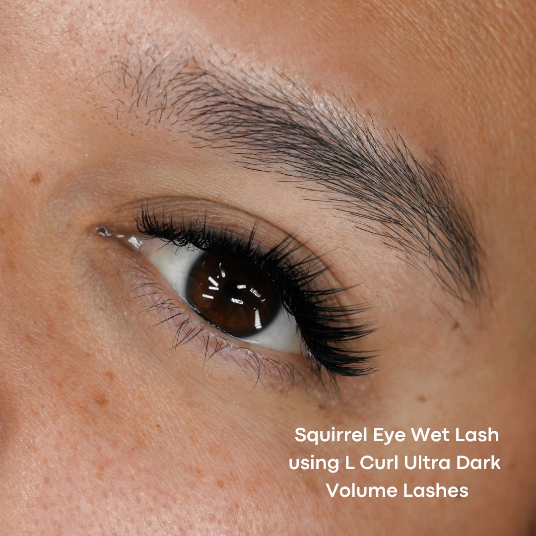 squirrel eye wet lash look using l curl ultra dark volume lashes