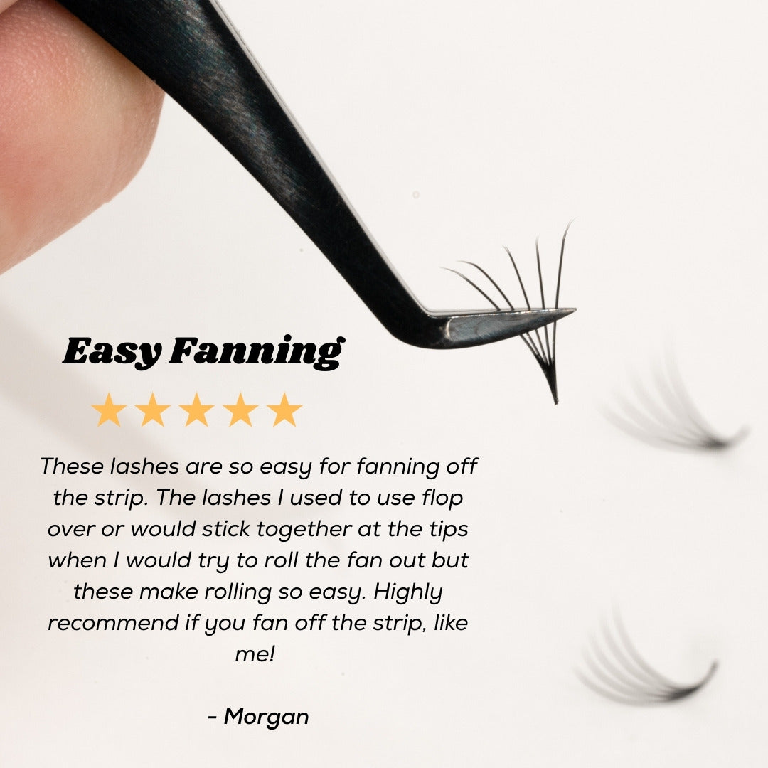 Eyelash extension tool with text about easy fanning and customer review on a white background
