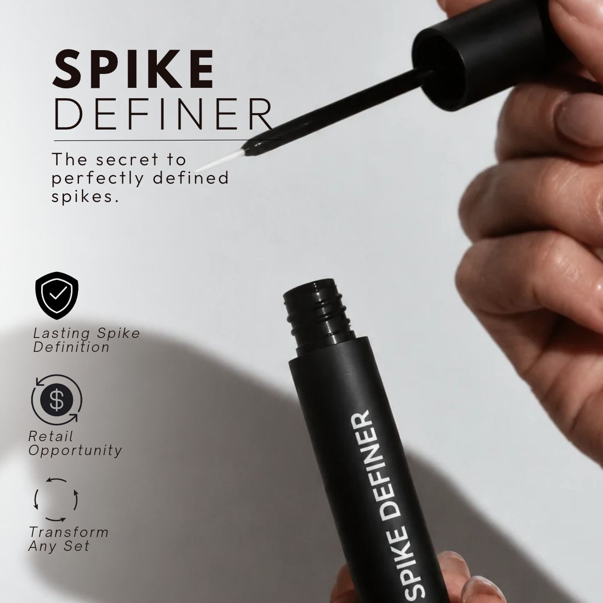 A hand holds a black tube of Spike Definier nail powder while the applicator wand is shown above it. The image includes marketing text and icons on a light gray background.