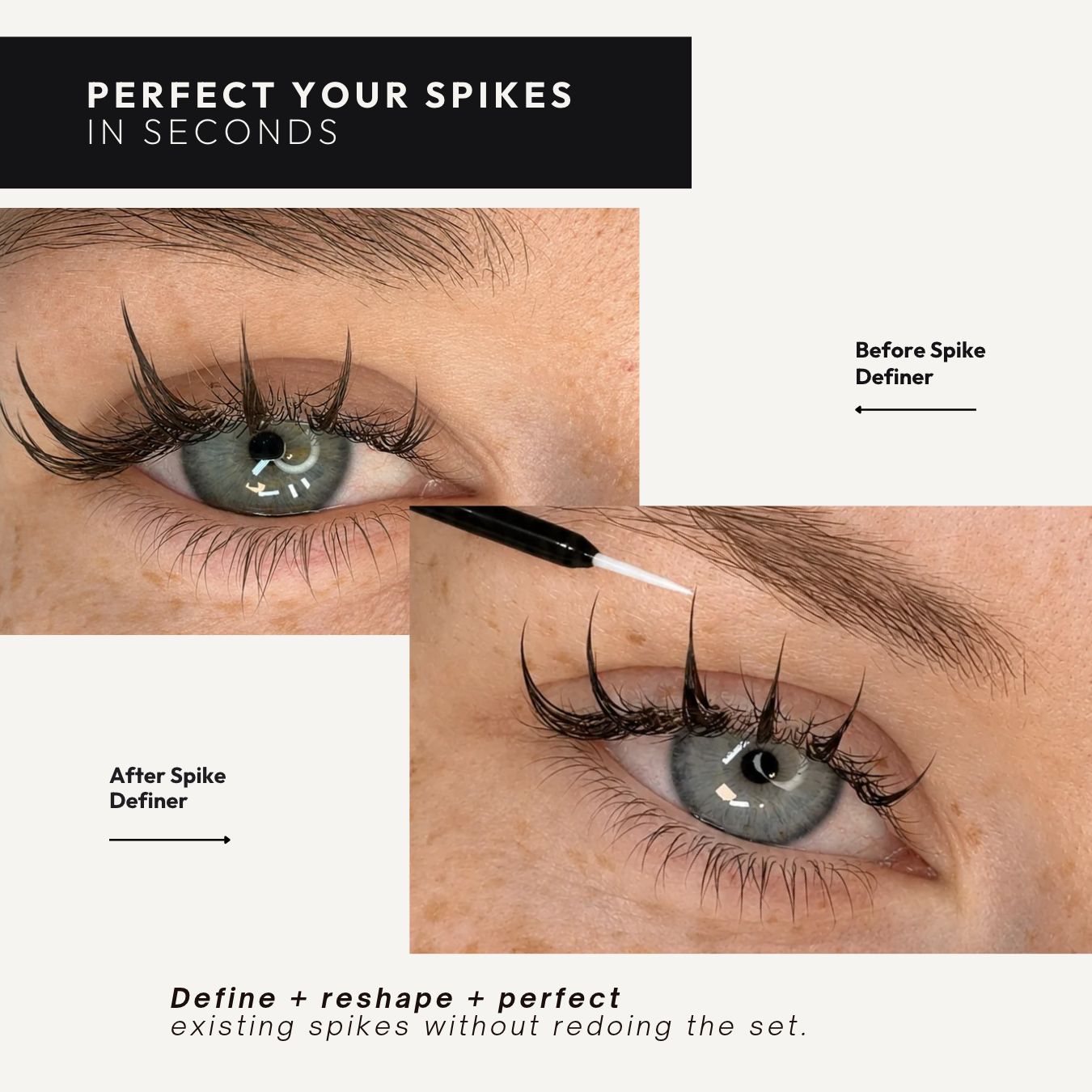 Before-and-after close-up of a human eye demonstrating eyeliner tip shaping with Spike Definer, showing the lash shape improved from left to right. Text reads 'PERFECT YOUR SPIKES IN SECONDS' and 'Before Spike Definer' / 'After Spike Definer'.