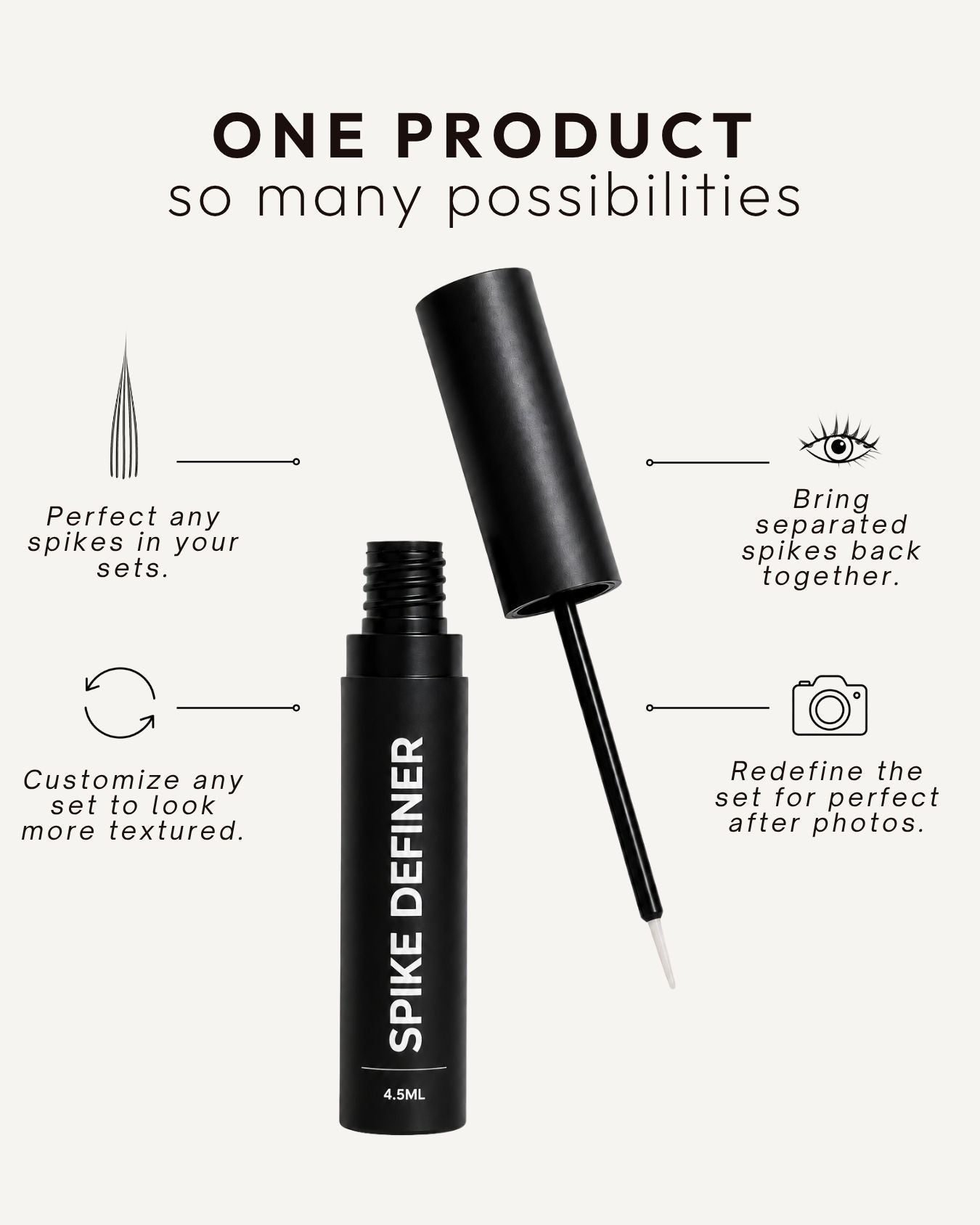 A cosmetic tube labeled SPIKE DEFINER with its applicator wand shown beside it on a light beige background, surrounded by marketing text and icons about defining hair spikes.