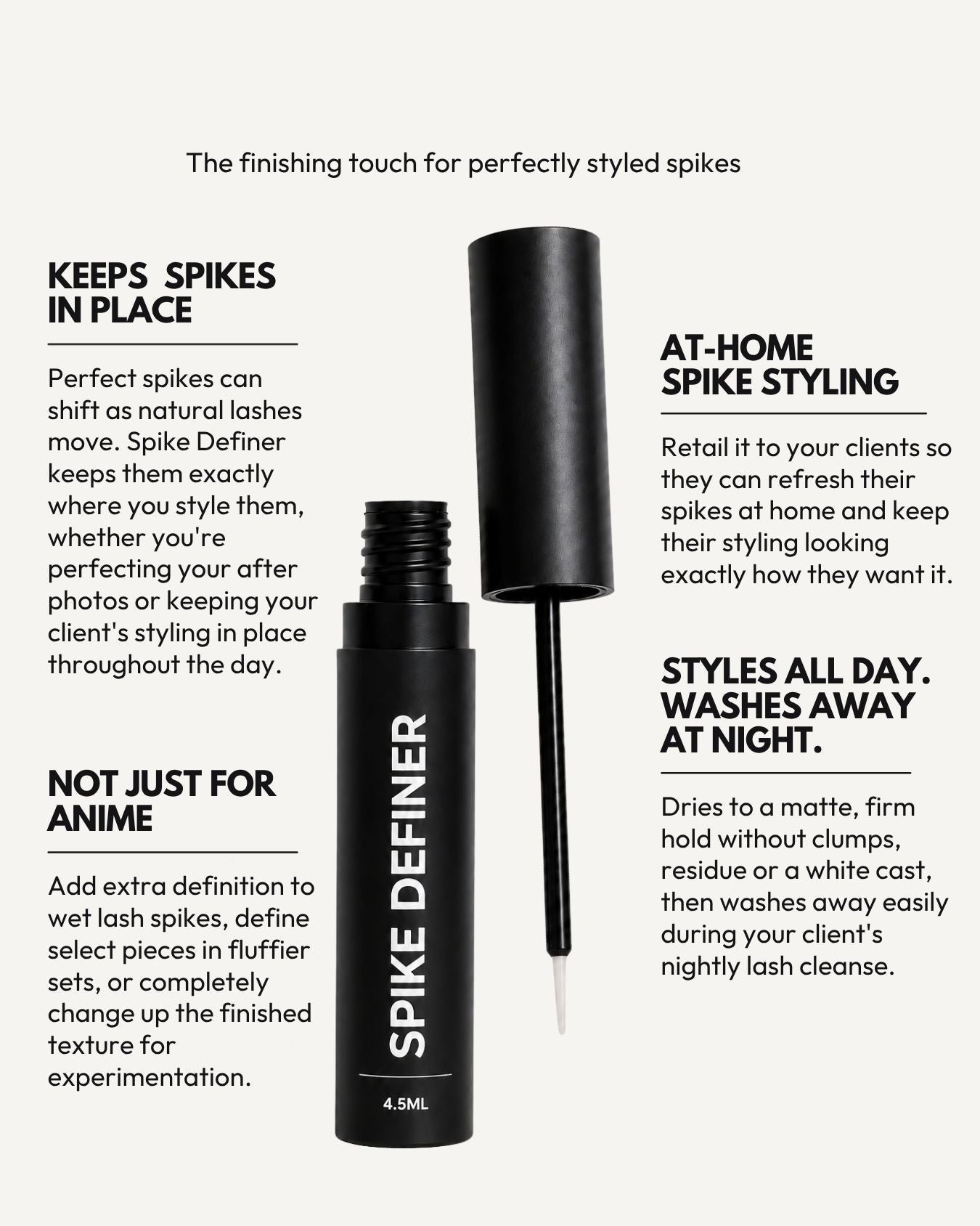 A black and white cosmetic product presentation of Spike Definer lash serum with descriptive text callouts on a light gray background.